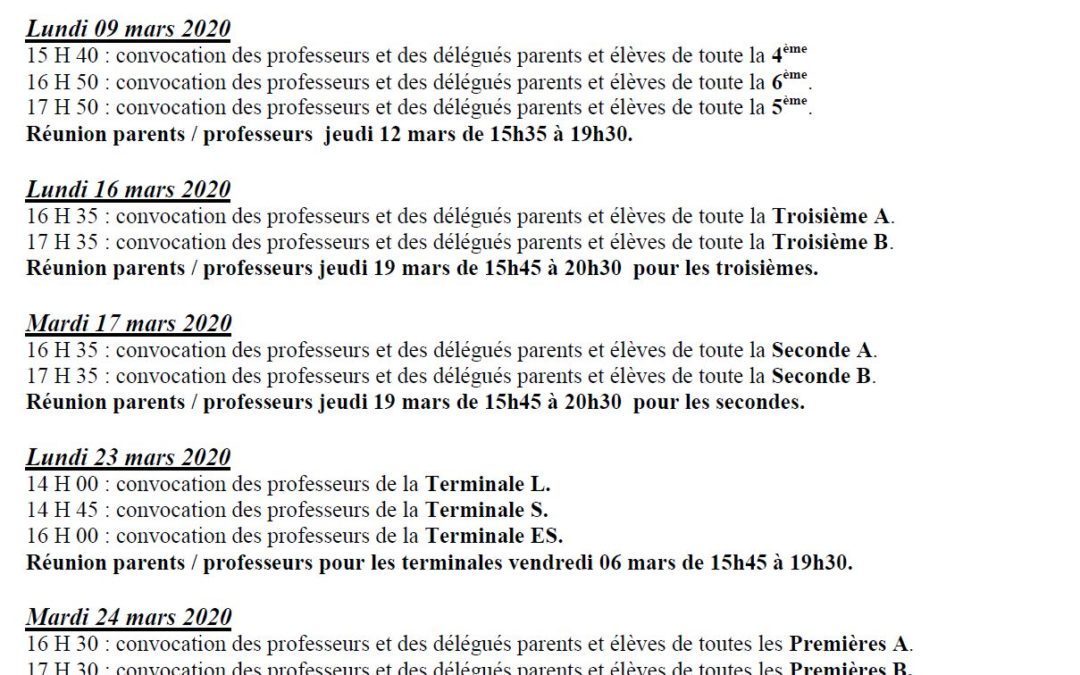 Dates et horaires des conseils de classe et réunions Parents/Professeurs