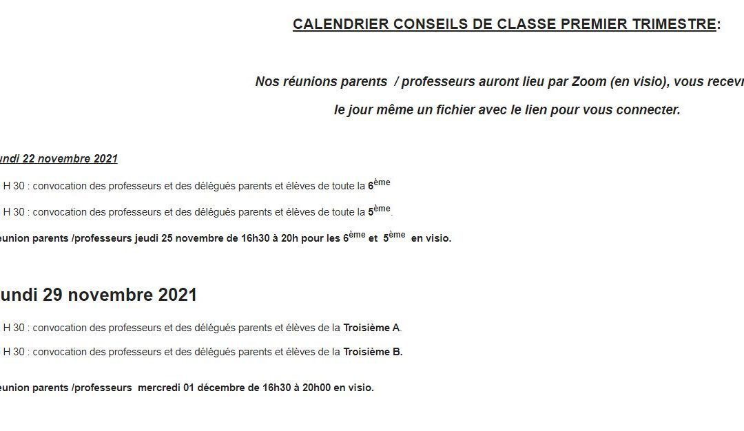 Dates et horaires des conseils de classe du 1er trimestre