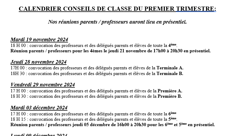 Fin du premier trimestre – Conseils de classe et rencontres parents-professeurs